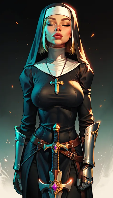 warrior nun, paladin, knight, toned, athletic, large breasts, armor, crossbow.