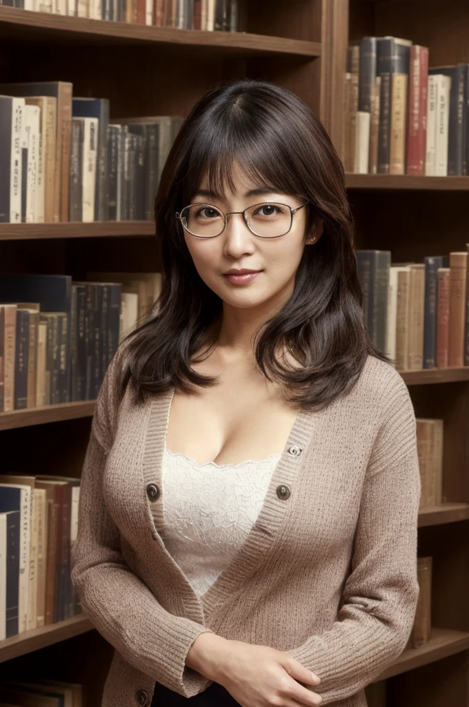 arafed asian woman in glasses standing in front of a book shelf, deayam to whom, Suzuki Kiyoko, Ayami Kojima Amano, Ayamin to whom, librarian, Yoshitomo Nara, Chiho Ashima, Yuuka Kazami, Yasumoto Oka, nishihara isao, Narumi Kakinouchi、Cleavage、