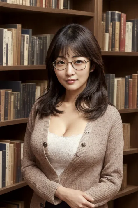 arafed asian woman in glasses standing in front of a book shelf, deayam to whom, suzuki kiyoko, ayami kojima amano, ayamin to wh...