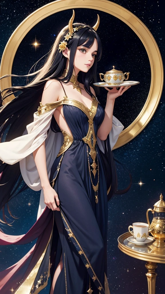 The picture showcases a whimsical and enchanting scene featuring a character with long black hair adorned with golden horns and flowers, standing inside a Turkish chai glass. The glass, which appears to be filled with a galaxy-like substance, sits on a matching saucer against a cosmic backdrop. The character wears a white and gold outfit with a colorful, starry cape draped over their shoulders. Behind the character, a large crescent moon adds to the magical ambiance, surrounded by twinkling stars and cosmic elements. The overall effect is fantastical and dreamlike, creating a sense of otherworldly charm.