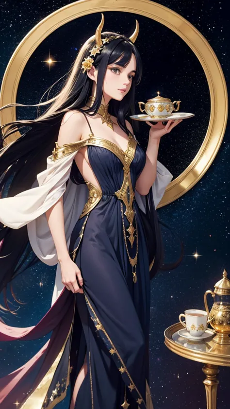 the picture showcases a whimsical and enchanting scene featuring a character with long black hair adorned with golden horns and ...