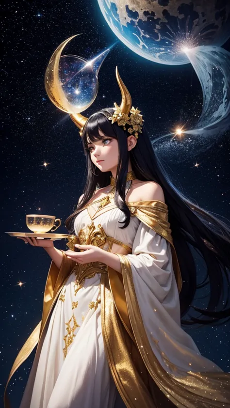 the picture showcases a whimsical and enchanting scene featuring a character with long black hair adorned with golden horns and ...