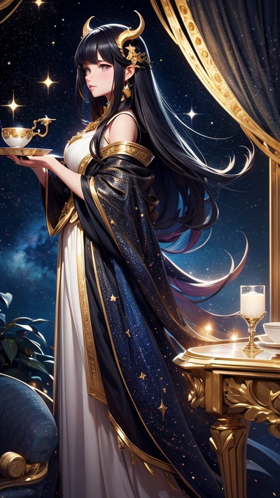 The picture showcases a whimsical and enchanting scene featuring a character with long black hair adorned with golden horns and flowers, standing inside a Turkish chai glass. The glass, which appears to be filled with a galaxy-like substance, sits on a matching saucer against a cosmic backdrop. The character wears a white and gold outfit with a colorful, starry cape draped over their shoulders. Behind the character, a large crescent moon adds to the magical ambiance, surrounded by twinkling stars and cosmic elements. The overall effect is fantastical and dreamlike, creating a sense of otherworldly charm.