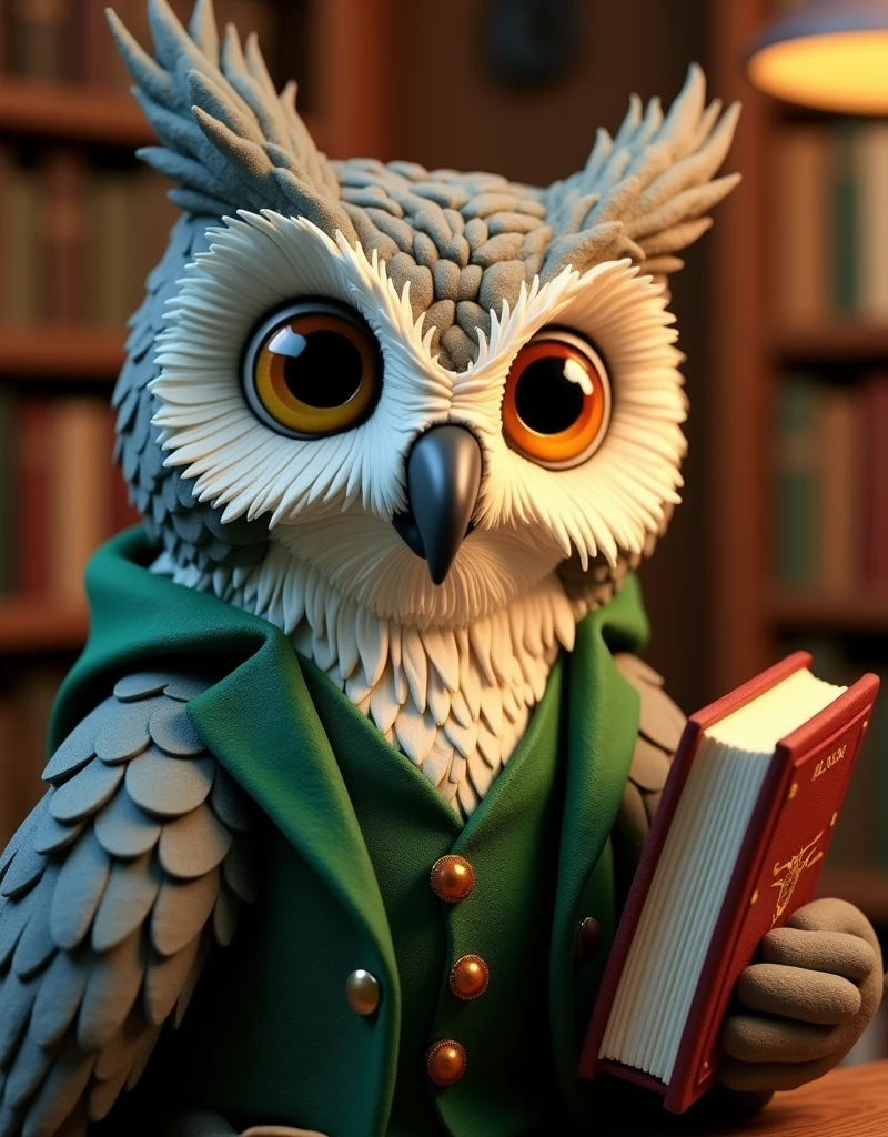 Close-up on a wise claymation owl librarian made of clay, green velvet waistcoat, holding a book, library.