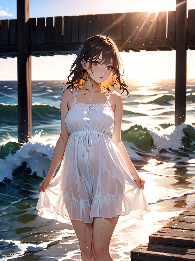 (masterpiece, best quality:1.2), illustration, anime, (wide shot), model shoot, 1girl, (armpits , short light underarm hair) ,  pubic hair, long dark hair, dark brown eyes, pretty lips, beautiful faces, beautiful eyes, sheer white sundress, wet body, wet hair, back lighting, standing on pier, (ocean, glittering water surface), waves, scenery summer pier background, vibrant color, bright sunlight, 8K, ultra HD