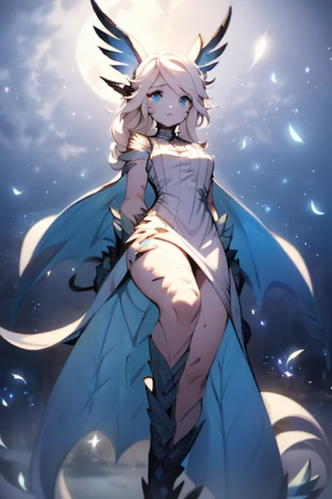 1 woman, very detailed, white hair, asymmetrical hair, curls, gorgeous dress, blue eyes, glowing eyes, feathery hair, [light blu...