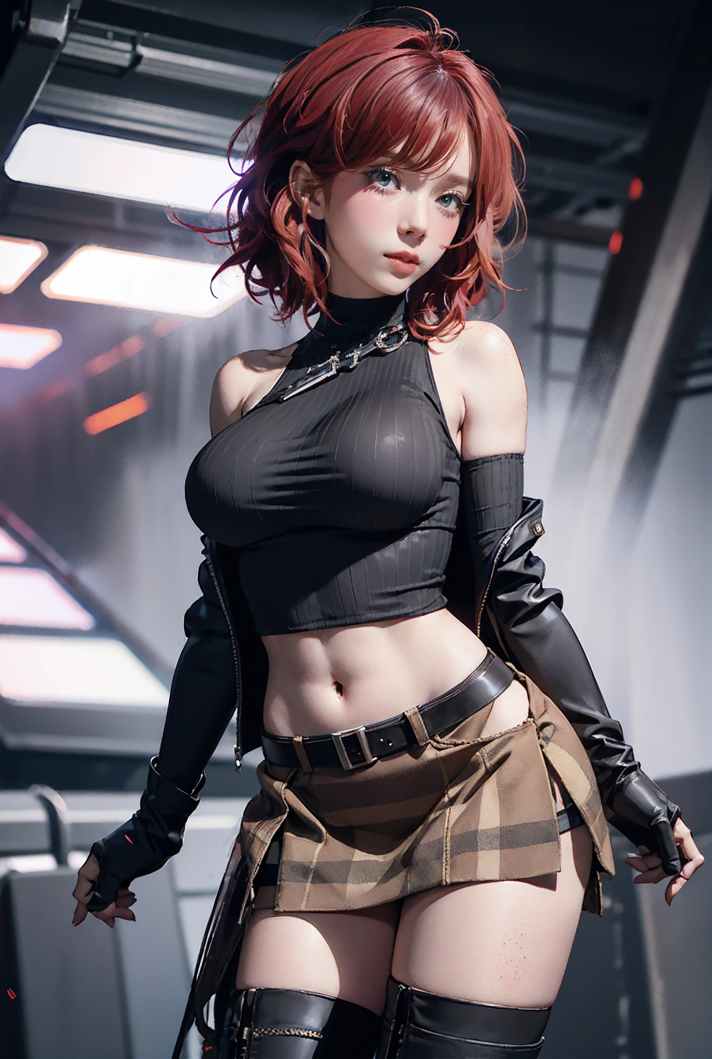 woman, Curly Red Pixie Cut Hair, Green Eyes, Wearing a black crop top shirt, Long black jacket, Red Check Skirt, (Black knee-high boots), Black fingerless gloves, Exposed shoulders, (whole body), Big breasts Freckles, Clevis, Abdominal muscles, View your viewers, masterpiece, Best Quality, , Holopunk Style, NSFW