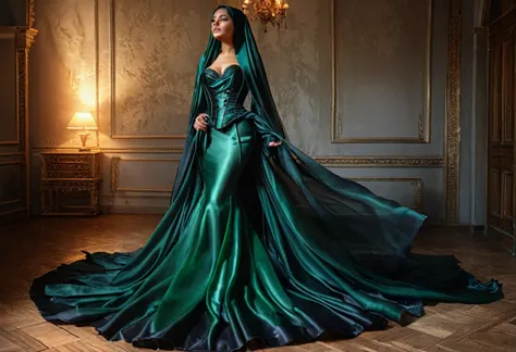 woman shrouded in a 10-meter-long, plush dark green semi transparent satin shimmer cloth, tightly bound and grandly draping alon...