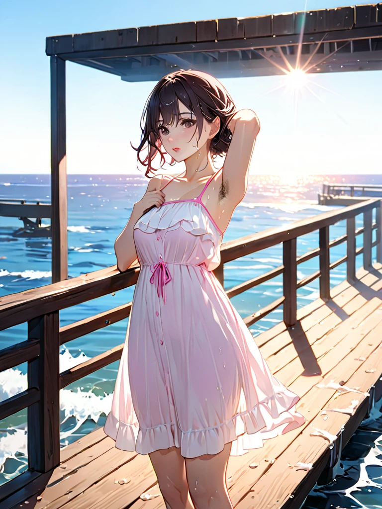 (masterpiece, best quality:1.2), illustration, anime, (wide shot), model shoot, 1girl, (armpits , short light underarm hair) , pink bikini, long dark hair, dark brown eyes, pretty lips, beautiful faces, beautiful eyes, sheer white wet sundress, wet body, wet hair, pink mule, back lighting, standing on pier, (ocean, glittering water surface), waves, scenery summer pier background, vibrant color, bright sunlight, 8K, ultra HD