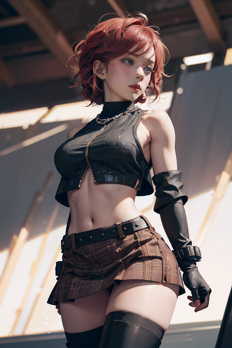 woman, Curly Red Pixie Cut Hair, Green Eyes, Wearing a black crop top shirt, Long black jacket, Red Check Skirt, (Black knee-high boots), Black fingerless gloves, Exposed shoulders, (whole body), Big breasts Freckles, Clevis, Abdominal muscles, View your viewers, masterpiece, Best Quality, , Holopunk Style, (NSFW:0.8)