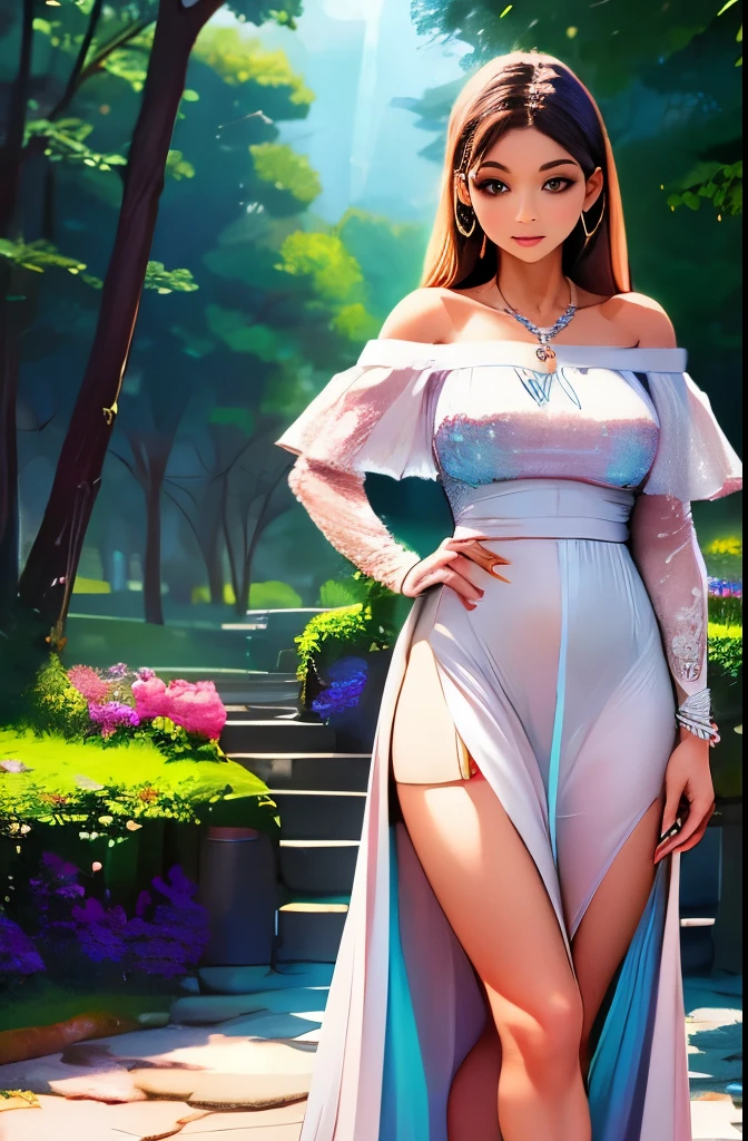 Long straight hair, off-shoulder floral dress with bright colors, simple necklace with a butterfly pendant, standing pose, outdoor setting with trees and architectural elements, natural lighting, overall fresh and natural atmosphere.