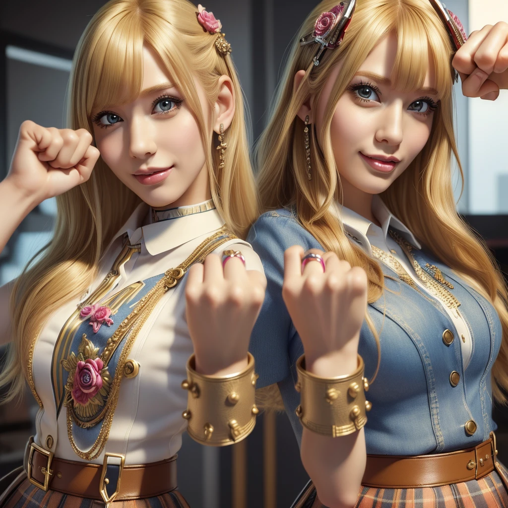 (best quality, masterpiece:1.5), (ultra-detailed, realistic:1.37),4K,cute,beautiful,(2girls),(blonde hair cut),(girls rock band:1.2),(skirt),(big breast),punk,smile,fist hands