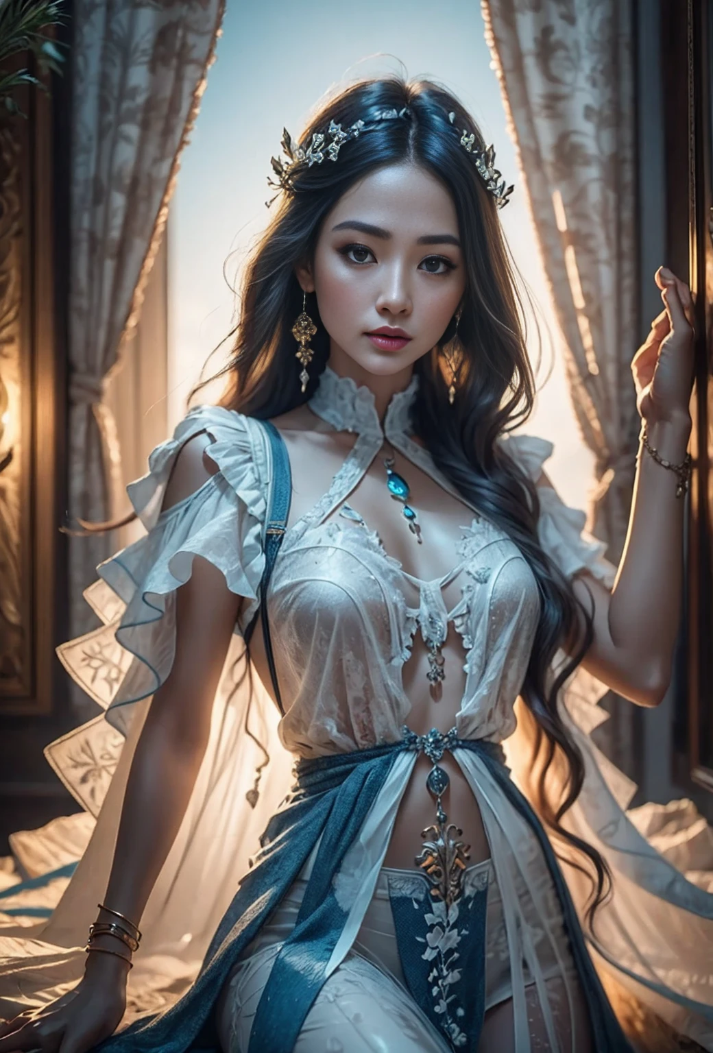 Black and white and blue and red,(Best quality, Very detailed, High resolution, Very detailed CG),wide shot,Dead angels stand on the edge of a cliff,She is very beautiful.,She loves blood and the sea,Phoebe, mysterious,dervish, convoluted, Surreal,feeble