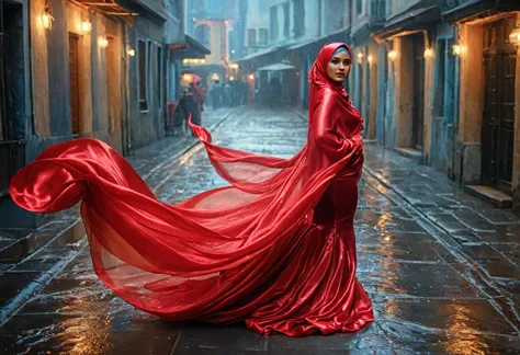 woman shrouded in a 10-meter-long, plush red semi transparent satin shimmer cloth, tightly bound and grandly draping along the f...