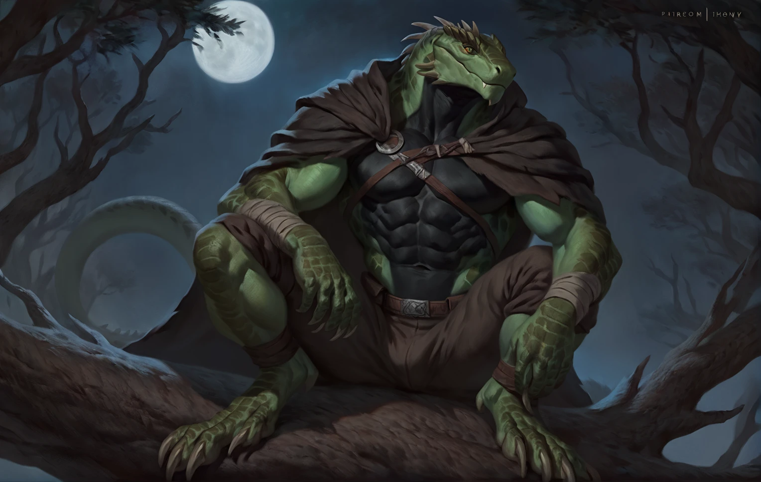 Muscular monster lizardfolk, solo, pants, mercenary, dark green body, black belly, full body, comicbook style, sitting on a tree, cloak on shoulders, night time,  best quality, 4k, ultra-detailed, by laobai, by taran fiddler, by honovy