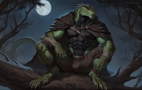 muscular monster lizardfolk, solo, pants, mercenary, dark green body, black belly, full body, comicbook style, sitting on a tree...