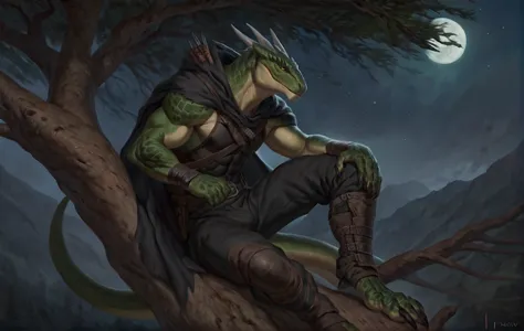 muscular monster lizardfolk, solo, pants, mercenary, dark green body, black belly, full body, comicbook style, sitting on a tree...