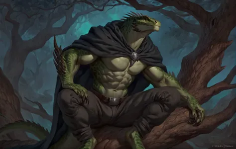 muscular monster lizardfolk, solo, pants, mercenary, dark green body, black belly, full body, comicbook style, sitting on a tree...