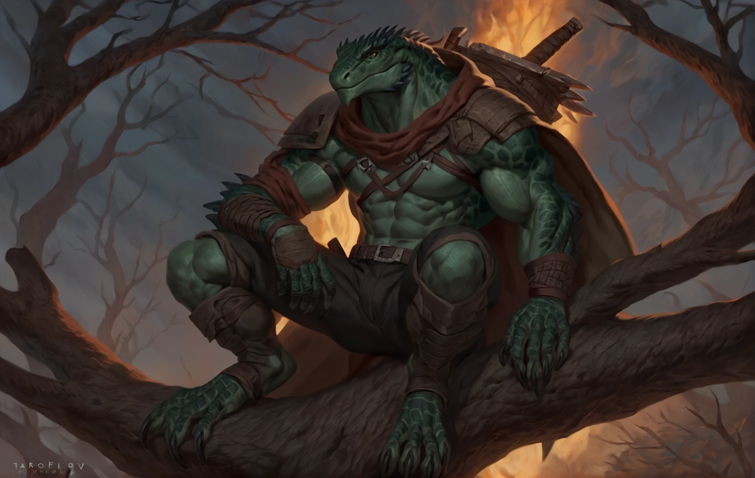 Muscular monster lizardfolk, solo, pants, mercenary, dark green body, black belly, full body, comicbook style, sitting on a tree, cloak on shoulders, night time,  best quality, 4k, ultra-detailed, by laobai, by taran fiddler, by honovy