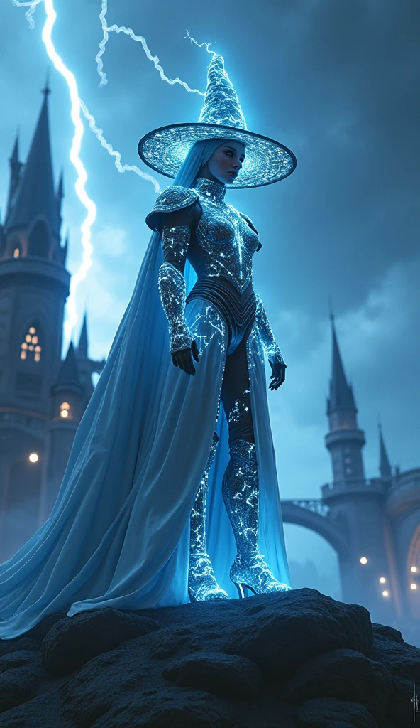 A cinematic shot of a stunning female wizard in an electric thunderstorm kingdom. She is wearing intricate glowing eletric bolt armor and a wizard hat made of eletric bolt. She is standing on a lighting bolt platform. The artist's signature "@digo.a.i" is visible in the bottom right corner. The background reveals a vast thunder castle with towers and bridges. The lighting is dramatic. The image is hyperrealistic and has a cinematic atmosphere.