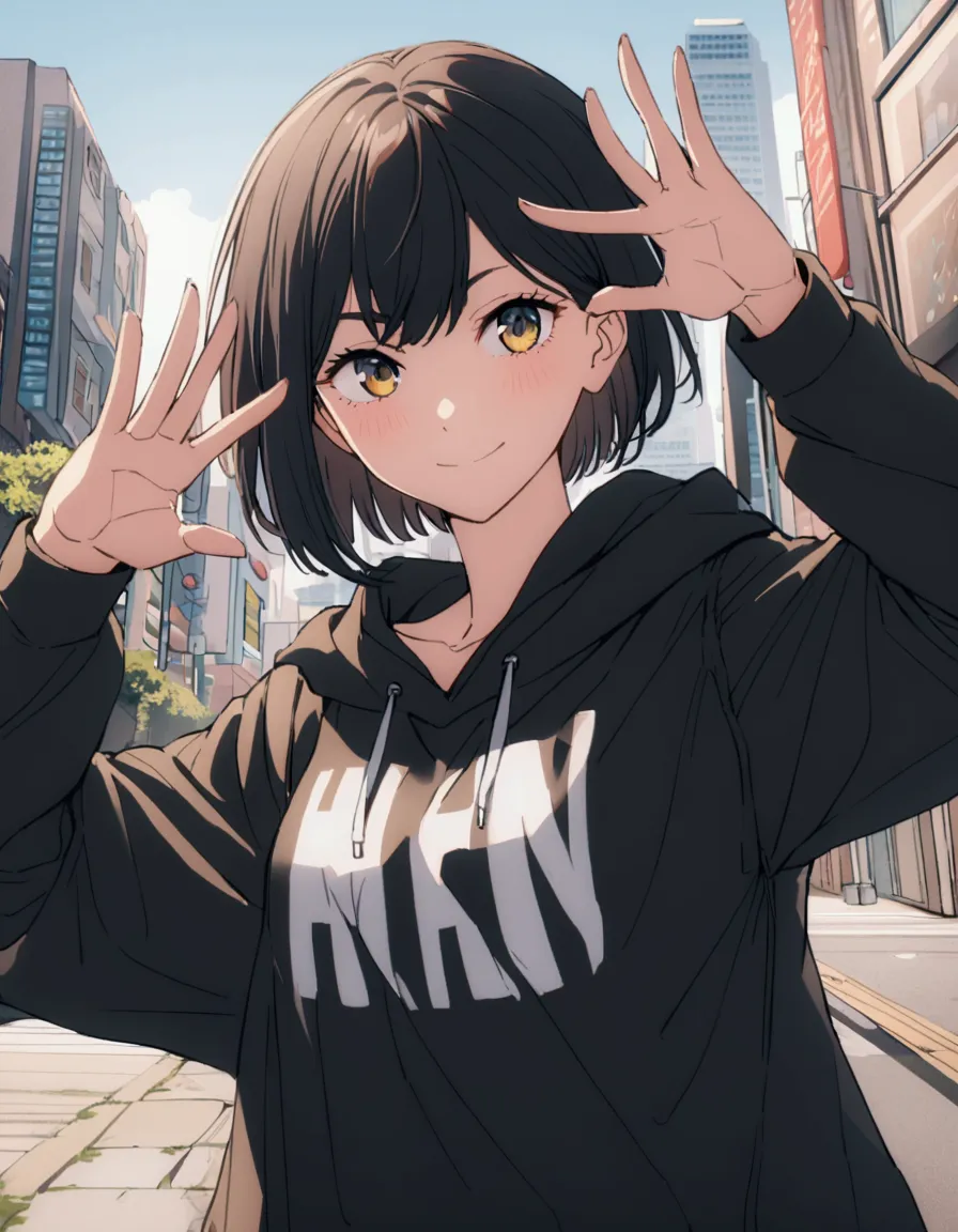 short black hair、black hoodie、placed at an oblique angle、urban stylish cityscape background、cheerful girl、boyish、cool pose