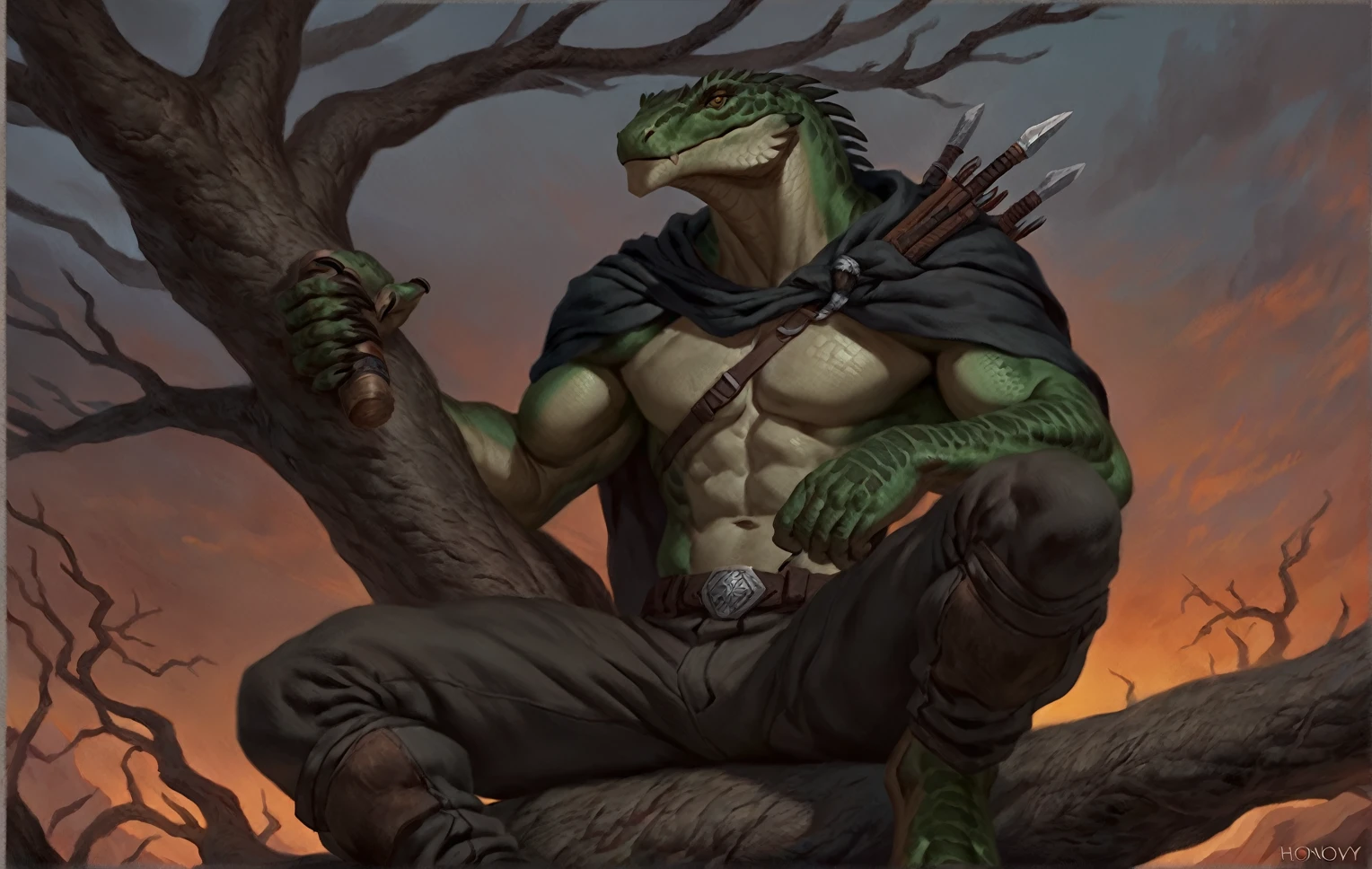 Muscular monster lizardfolk, solo, pants, mercenary, dark green body, black belly, full body, hunter, comicbook style, sitting on a tree, cloak on shoulders, dusk,  best quality, 4k, ultra-detailed, by laobai, by taran fiddler, by honovy