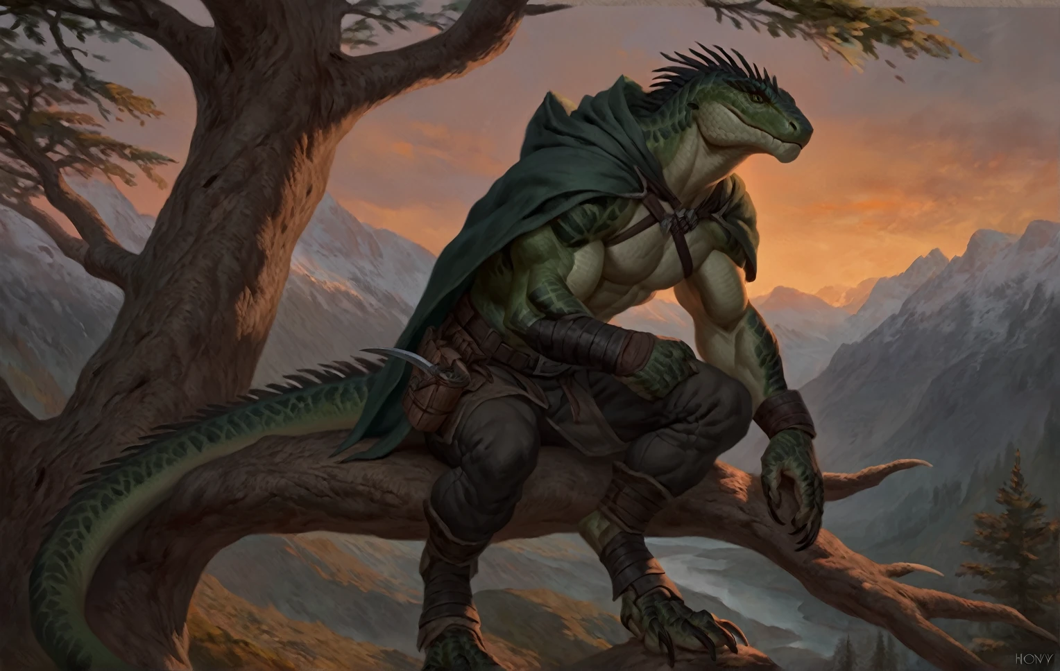 Muscular monster lizardfolk, solo, pants, mercenary, dark green body, black belly, full body, hunter, comicbook style, sitting on a tree, cloak on shoulders, dusk,  best quality, 4k, ultra-detailed, by laobai, by taran fiddler, by honovy