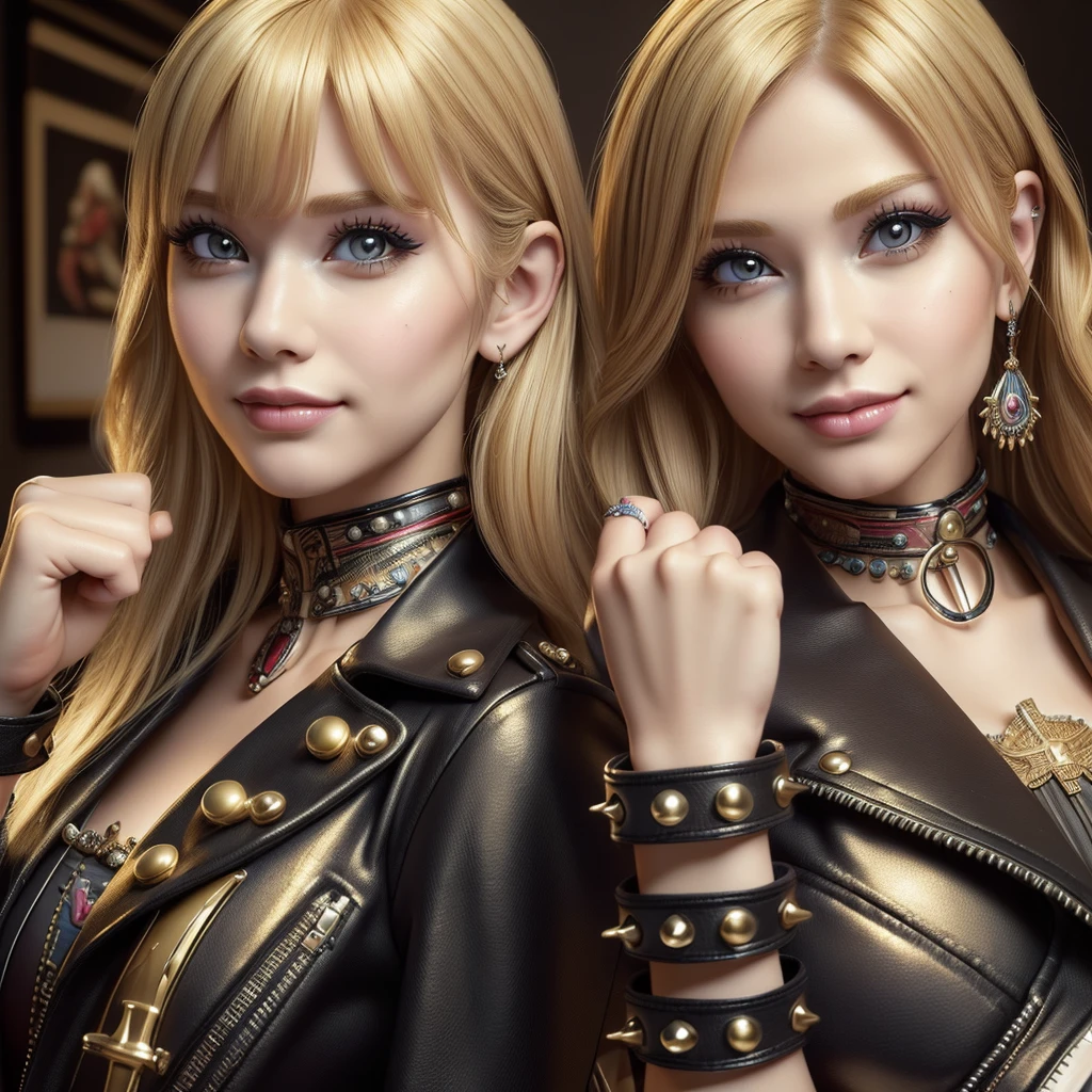 (best quality, masterpiece:1.5), (ultra-detailed, realistic:1.37),4K,cute,beautiful,(2girls),(blonde hair cut),(girls rock band:1.2),(skirt),(big breast),punk,make up face,smile,fist hands