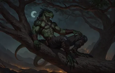 muscular monster lizardfolk, solo, pants, mercenary, dark green body, black belly, full body, comicbook style, sitting on a tree...