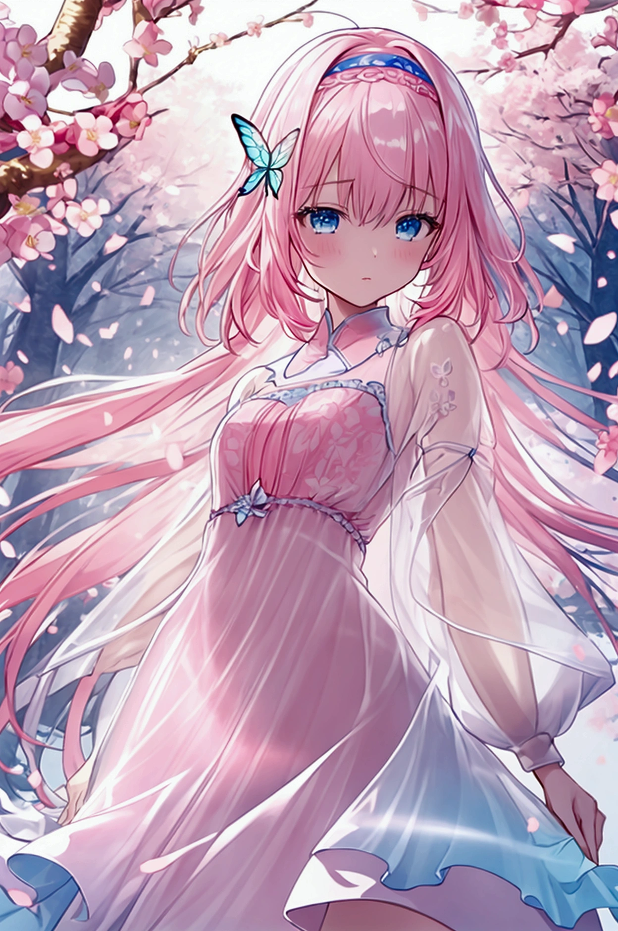 (CG unity 8K wallpaper highly detailed) (Better Quality) (Better lighting) (an extremely delicate and beautiful) (floating) (beautiful) (Spring atmosphere) (One girl) (Long pink hair), (Hairbands), (detailed and beautiful blue eyes), ((Very short white dress, pink race underside), (race), ((Lightweight and transparent silk))), (Cherry blossom petals), (butterfly), (Depth of written boundary), (Volumetric Light) Cinema Lighting, chromatic aberration, Sony FEGM, Textured skin, Attention to detail, High resolution, 8k