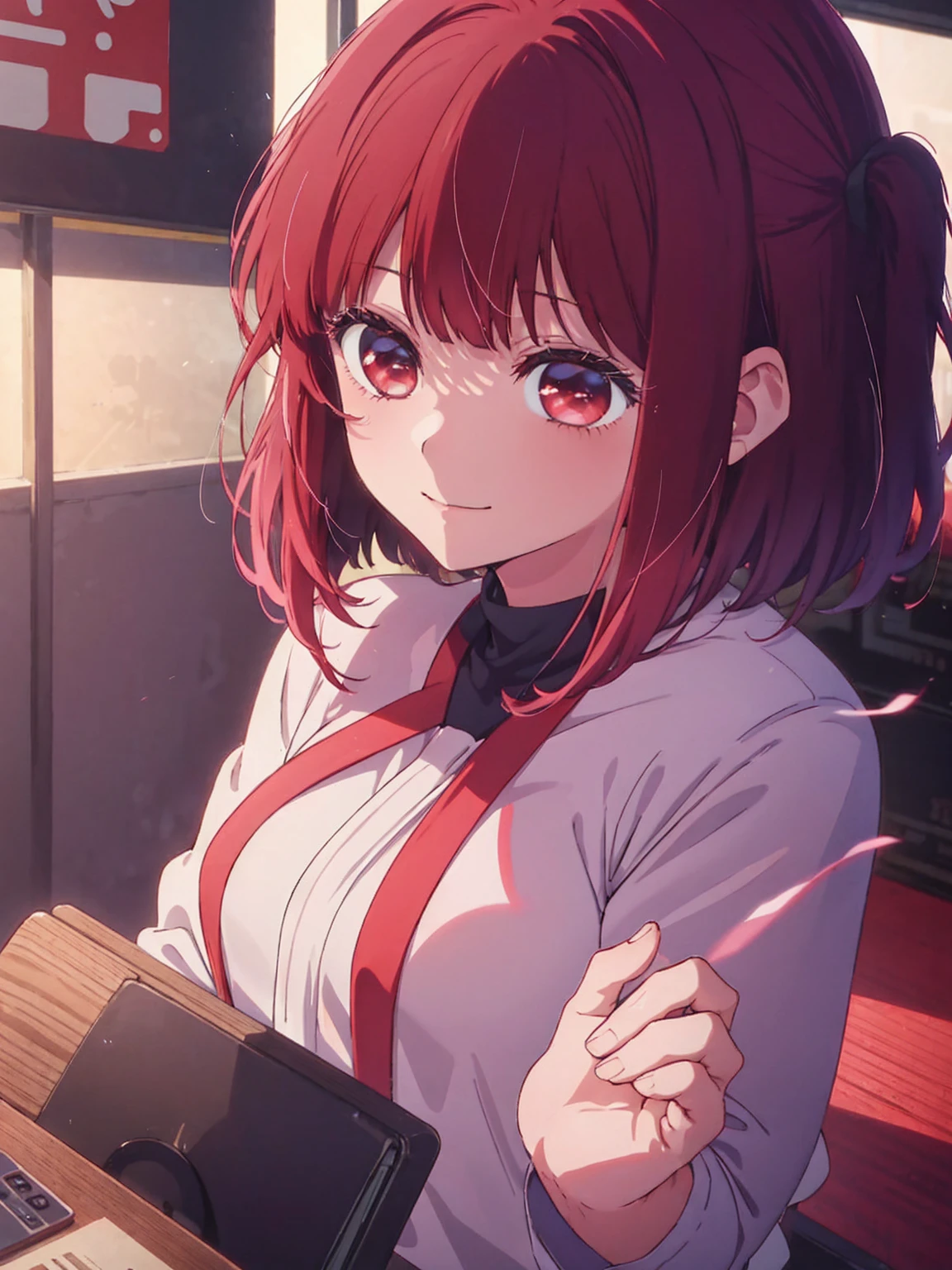 Red hair and red eyes, close-up Iwakura Lane, anime visuals of cute girls, anime best girl, anime girl named Lucy,  Iwakura Lane, anime moe art style,smile