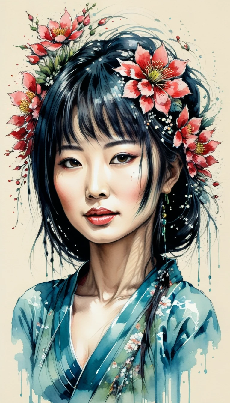 Perfect face, japanese woman, gouache, ink, line sketch, Fauvism style, Dan Mumford, Andy Kehoe, Luis Royo. Vintage, flowers,  graceful features, delicate, exquisite workmanship,kodew