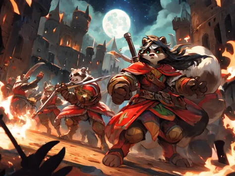 full body, battle ground background、full moon, a female raccoon, custom armor, night, medieval castle, very detailed, masterpiec...