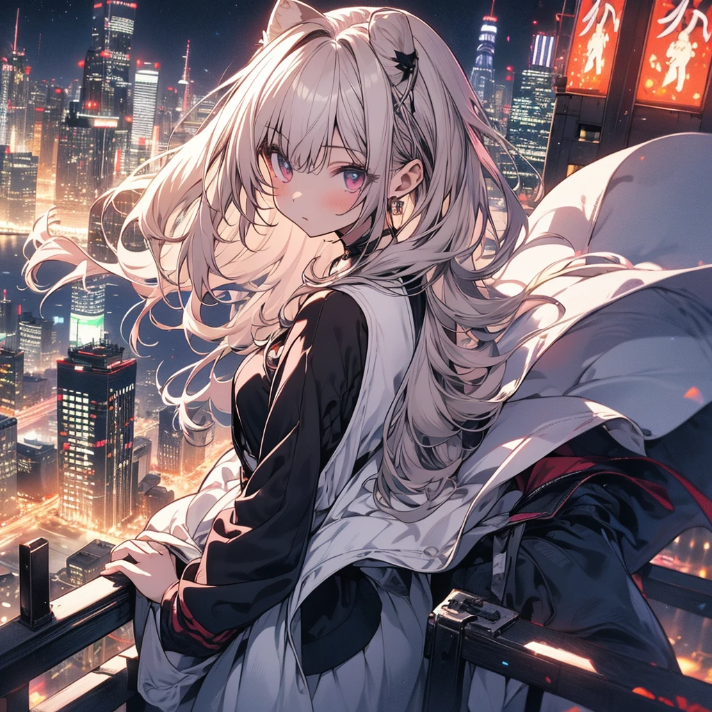 ultra detailed game CG, (High resolution:1.1),(absurderes:1.1), 1girl in, , Alone, Simple Anime, nightcity, Overlooking the night view from a height、Front facing the viewer、