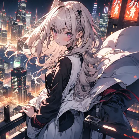 ultra detailed game cg, (high resolution:1.1),(absurderes:1.1), 1girl in, , alone, simple anime, nightcity, overlooking the nigh...