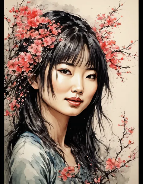 perfect face, japanes woman, gouache, ink, line sketch, fauvism style, dan mumford, andy kehoe, luis royo. vintage, flowers,  gr...