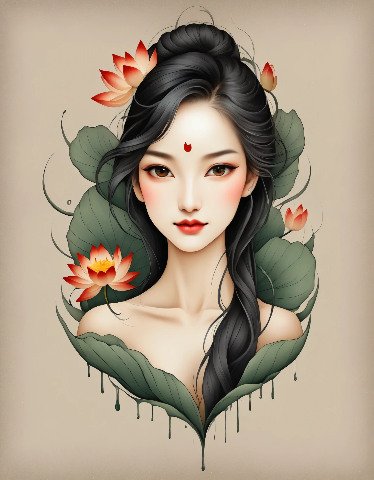 Modern minimalist art，（Close up of a woman with a lotus tattoo on her neck）,This woman has a delicate and charming face，long black hair，（Transparent lotus tattoo on neck：1.3），Flowing Hair Vignette，Beautiful face，red fox, delgado, beautiful eyes， elegant digital art, beautiful digital illustrations, beautiful figure painting, with small splashes of paint around and paint running down the bottom of the painting, rich in details, work of art, good taste, innovative