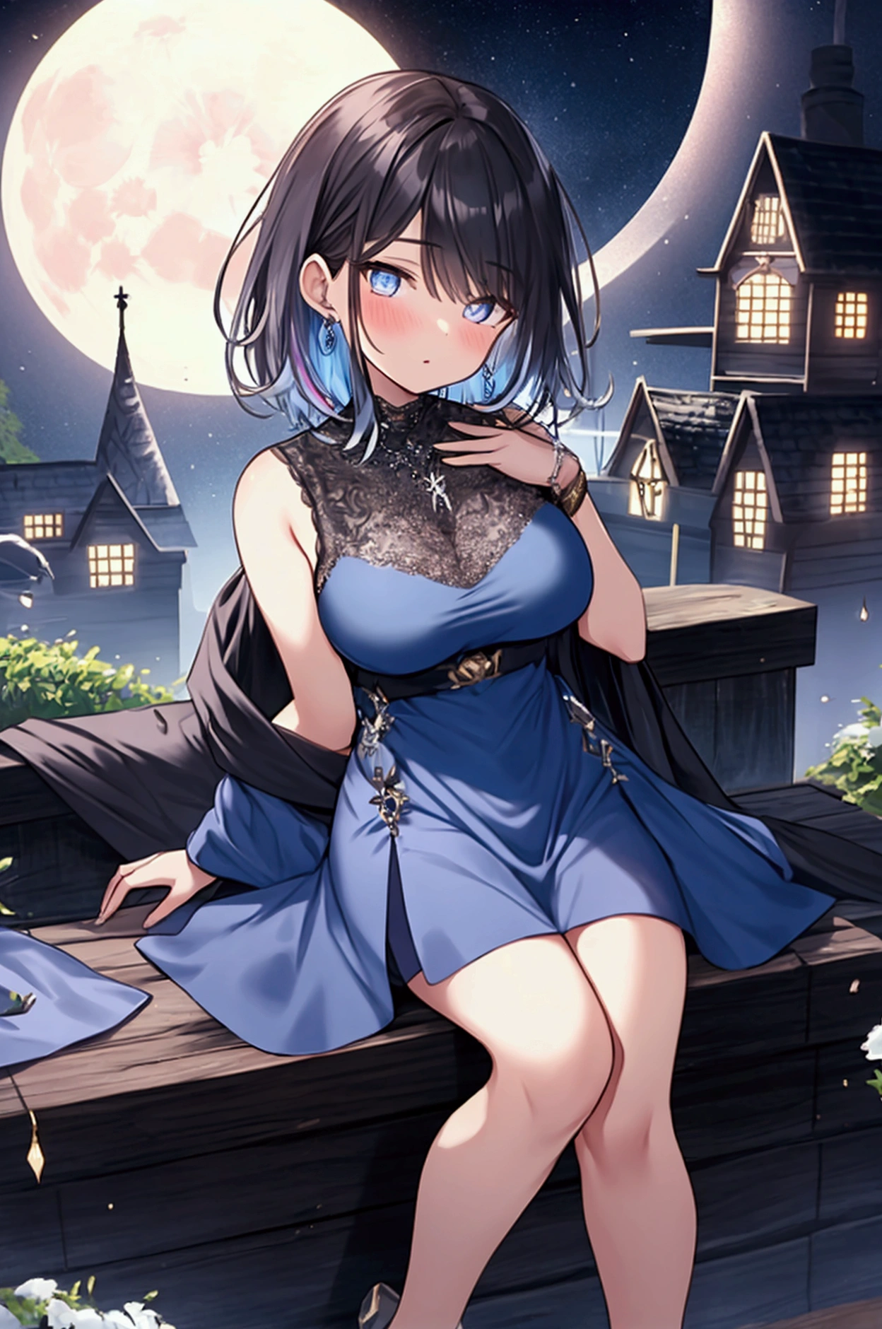 Full body image, night, ((1. Adult women)), alone, Adult women, Baby Face, masterpiece, 8K wallpaper, High resolution, Absurd, High Quality Backgrounds, Short Hair, Black Hair, Multicolored Hair, Big Breasts, Slim body, Beautiful frozen village, (Bright full moon), Blue Dress, Detailed dress, Jewelry mini Dress, (magic:1.2), blue fire, blue eyes, Glowing Eyes, Attention to detail