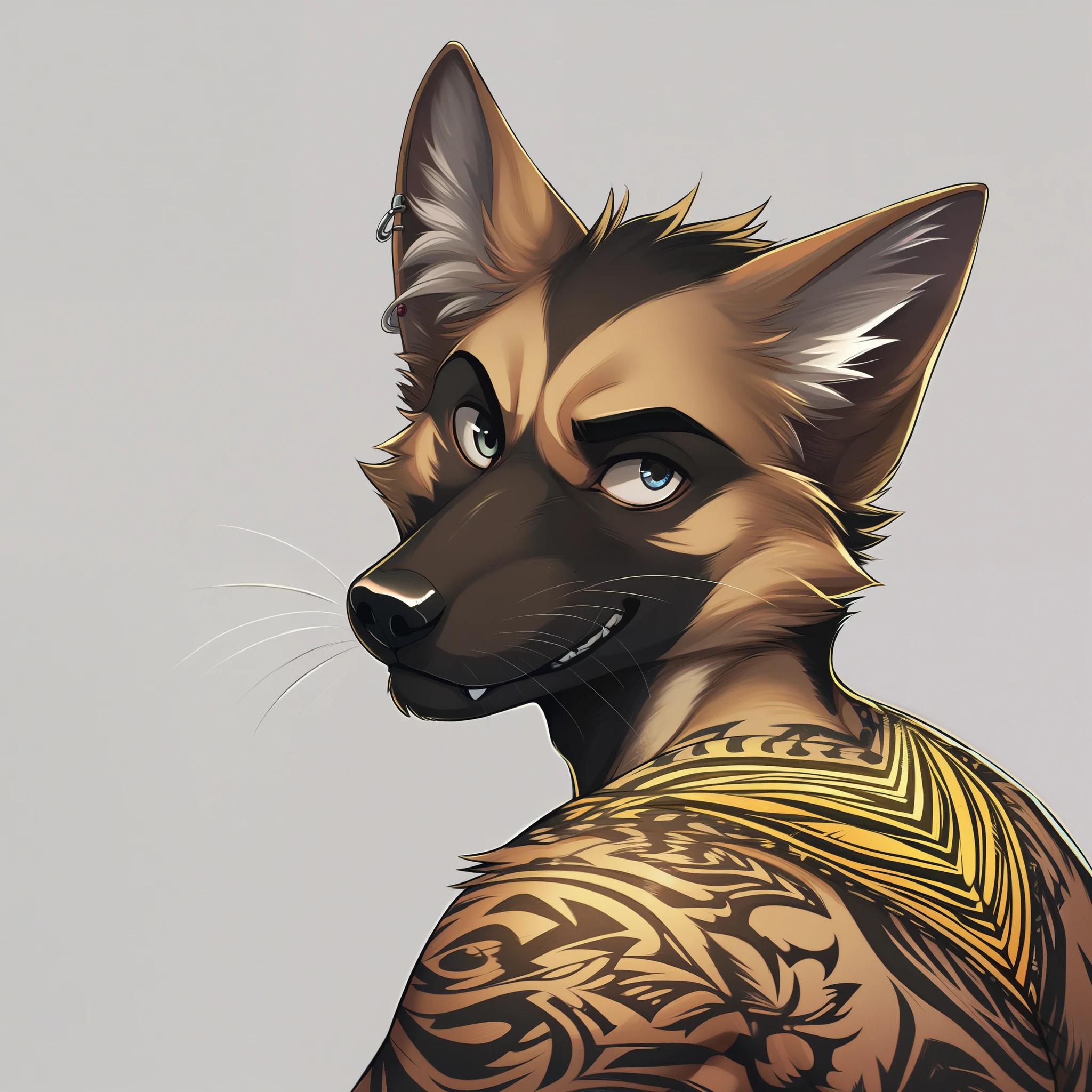 solo, furry anthro dog male, german shepherd, Yakuza style, detailed fur texture, (realistic face and eyes), intricate tattoos, (yakuza symbol:1.4), (sharp claws), piercing gaze, dark background, masterpiece, (by F-R95, by Hioshiru, by einshelm)