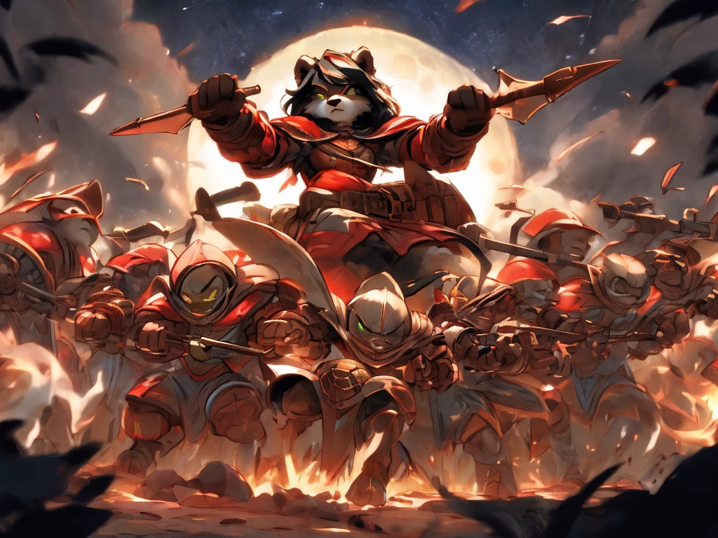 full body, battle ground background、full moon, A female raccoon, custom armor, night, medieval castle, very detailed, masterpiece, ultra resolution, perfect quality ,vivid colors,determined expression, strong shadows,majestic, dark atmosphere, green eyes, surrounded by soldiers, holding weapon up, head turned, looking over shoulder, swinging weapon, attacking with weapon, in battle, using weapon, long black hair 