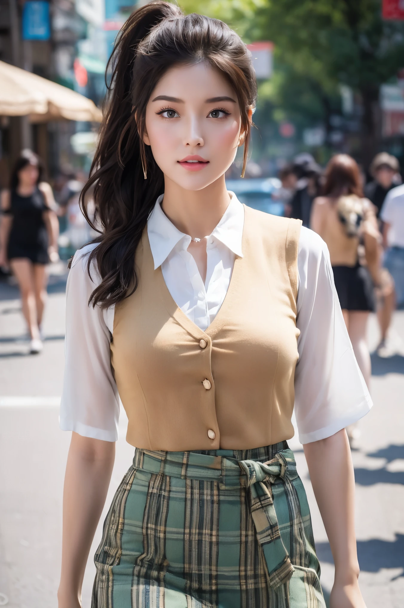 score_9, score8_up, (masterpiece:1.5), (hyper realistic:1.5), (uhd:1.3), RAW photo, intricately detailed, A stunning beautiful girl, 18yo,  steps out onto the vibrant streets, with her long jet black hair flowing behind her tied in a ponytail. Her fine facial features, including large bright brown eyes and bold lips, convey maturity and confidence as she walks. The midday sun casts a warm glow on her slender figure, accentuating her well-defined curves: (B86-W61-H86). Her high  is baggy, but tight enough to highlight her figure (white blouse, mint bow, beige vest, short green plaid skirt), drawing attention to her striking physique. As she navigates the bustling streets, her serious expression hints at an inner beauty radiating from within.,