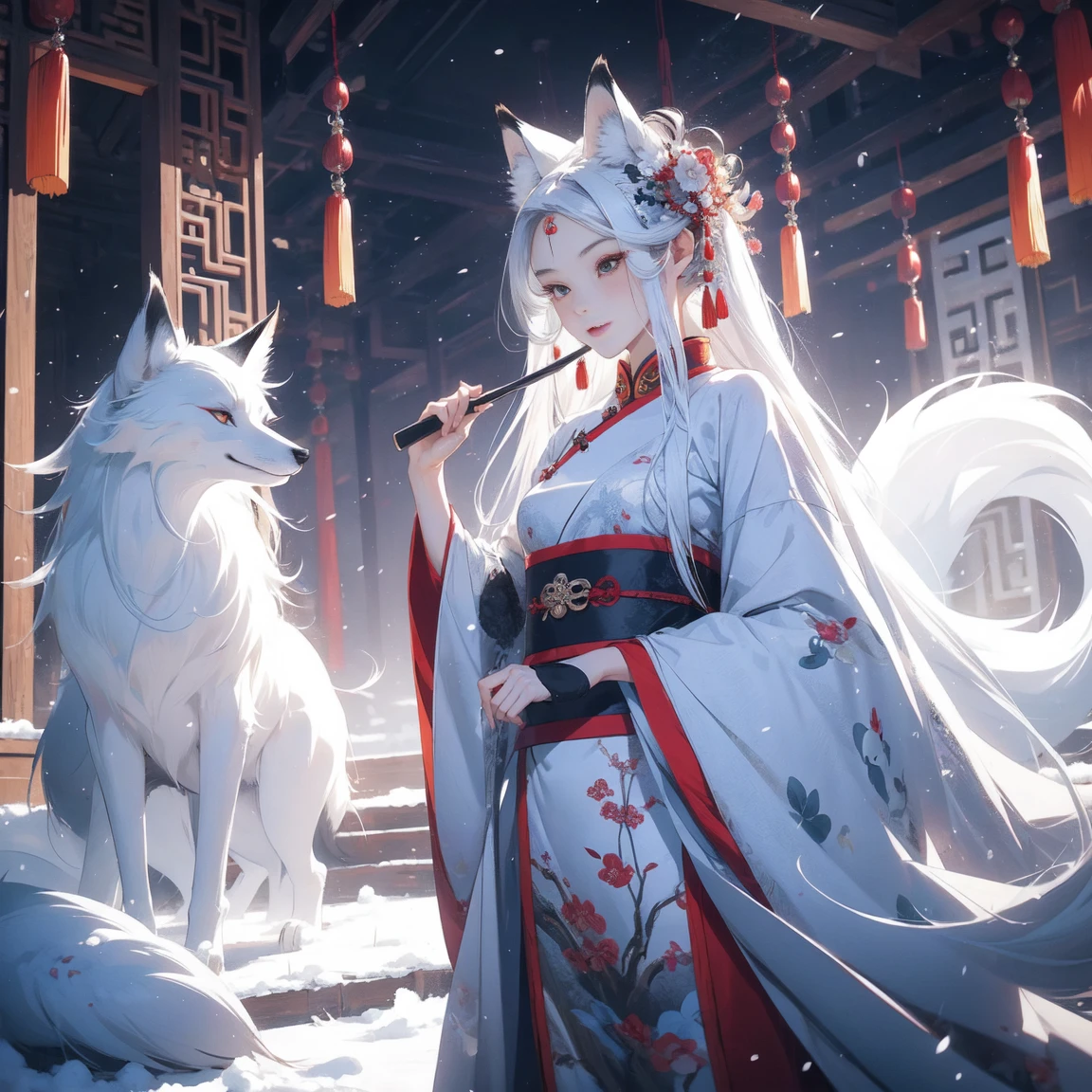 brush brush，asian woman，long snow white hair，Full body in the mirror，Big fox ears，Fox tail on body，flowing hair details，Gorgeous Chinese style accessories，Illustration composition，A nine-tailed white fox in the background，fantastic falling snow，There are also seats made of bones。