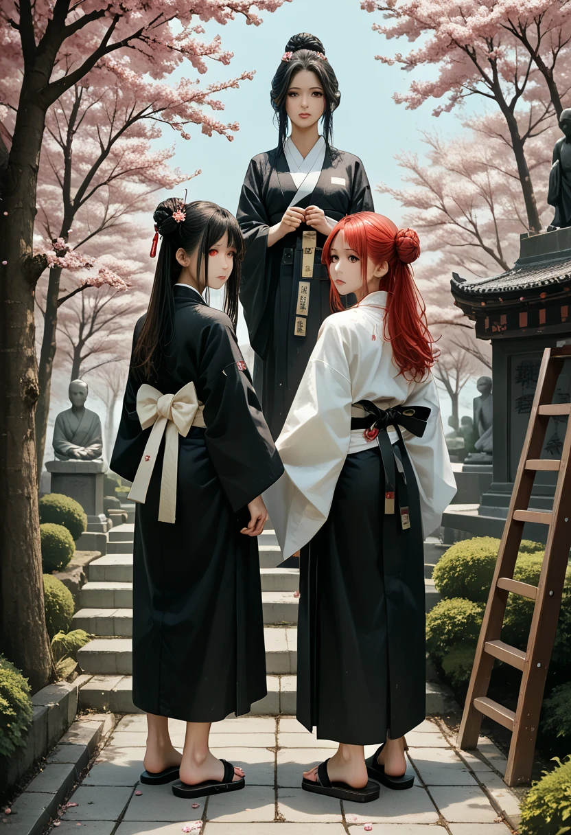 ((masterpiece,Best quality)),2 girls, black kimono, black hosiery, black tape, black hair, Cherry blossoms, day, flower, lock of hair, hair tape, japanese clothes, kimono, Long hair, looks at the viewer, looking back , several girls, belts, outdoors, Red eyes, red hair, tape, sandals, single bun, ladder, standing, statue, tory, tree, white kimono, yellow eyes