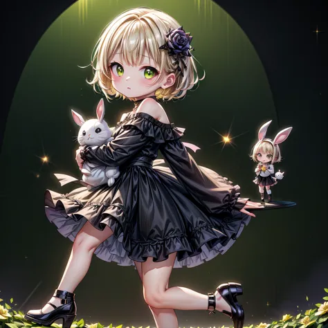 chibi、lime background、black clothes、common sense stands on long sleeves、shoulders are exposed、one piece flare skirt、holding a st...