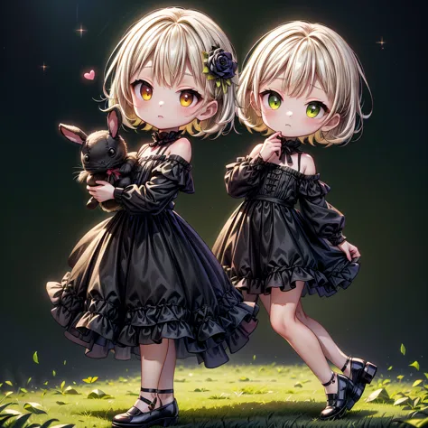 chibi、lime background、black clothes、common sense stands on long sleeves、shoulders are exposed、one piece flare skirt、holding a st...