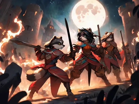 full body, battle ground background、full moon, a female raccoon, custom armor, night, medieval castle, very detailed, masterpiec...