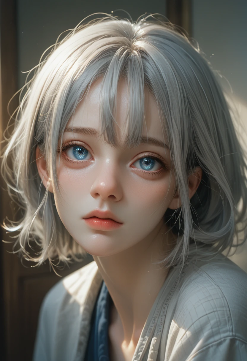 (masterpiece), Best quality, Blue eyes, light gray hair, expressive eyes, Let&#39;s go, sitting in a room of a multi-story apartment, night sky, Cityscape, looks at the viewer, Big City Lights, window, highlight, dramatic lights, calm face,