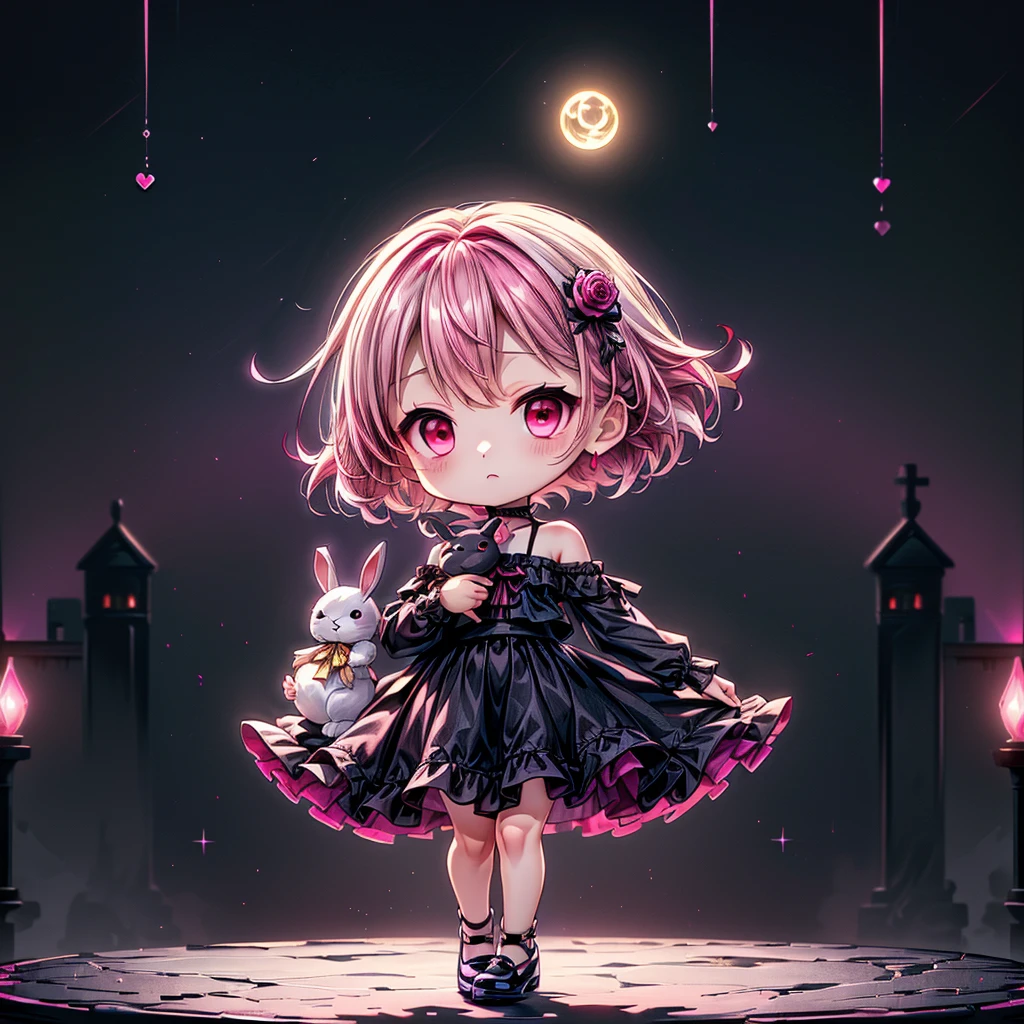 Chibi、Magenta Background、Black clothes、Common sense stands on long sleeves、Shoulders are exposed、One piece flare skirt、Holding a stuffed rabbit in one hand、Magenta Palette、Gothic Shoes、In front of the audience、Black Rose、🌙、Perfect Anatomy、heart、