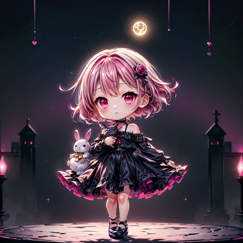 chibi、magenta background、black clothes、common sense stands on long sleeves、shoulders are exposed、one piece flare skirt、holding a...