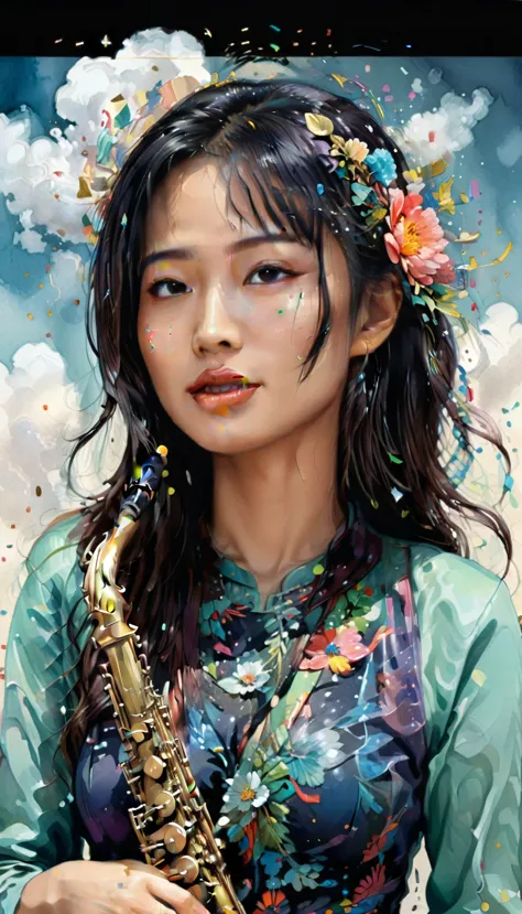 perfect face, gouache, ink, line sketch, fauvism style, painting of an asian woman with a saxophone and a cloud of confetti, sid...